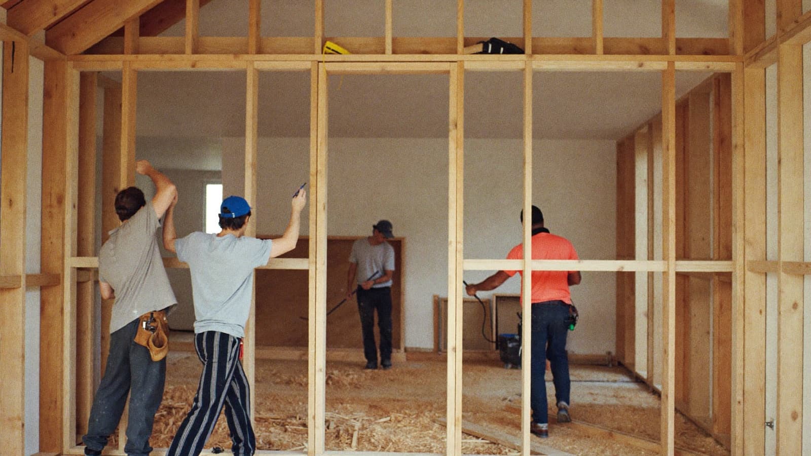 A building crew framing a renovation in warm daylight.