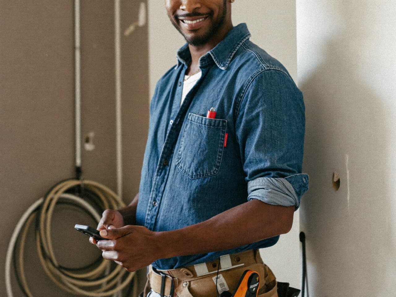 An electrician on an interior job, phone in hand, mid-task.